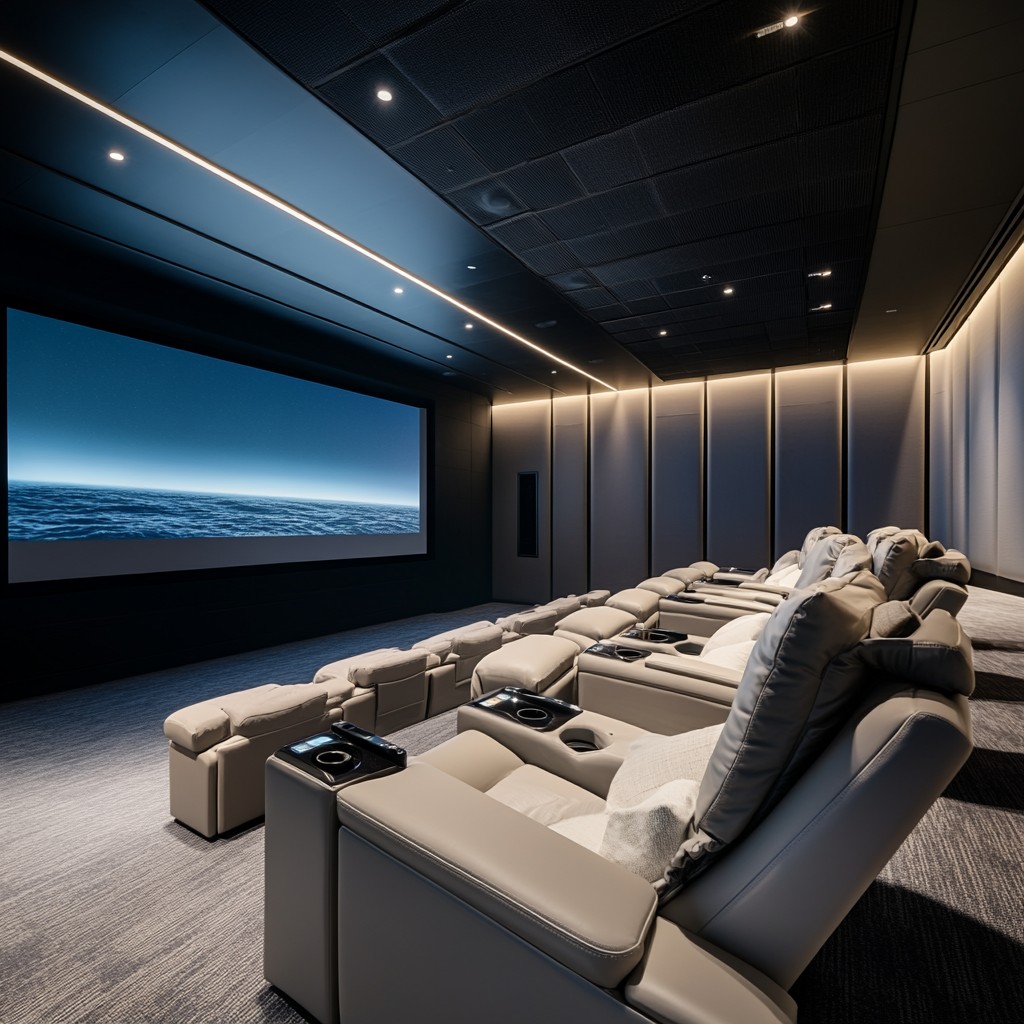 Modern home theater with multiple rows of light‑colored reclining seats, soft recessed lighting, and a large projection screen displaying a serene ocean horizon.