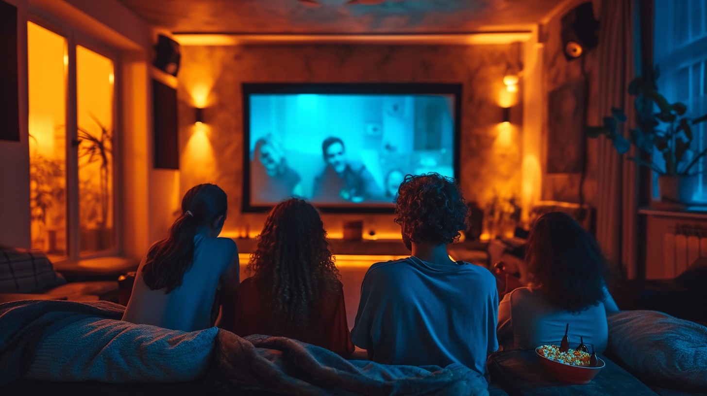 Cozy living room with four people watching a projected movie, lit by warm ambient lighting and the blue glow of the screen.