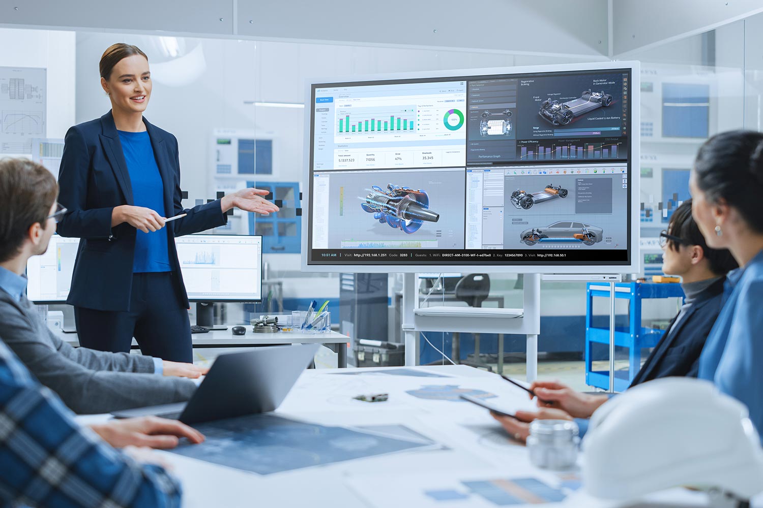 Woman presenting engineering data on a large screen to a group