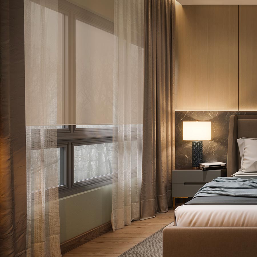 Modern bedroom featuring translucent window shades and a glowing bedside lamp