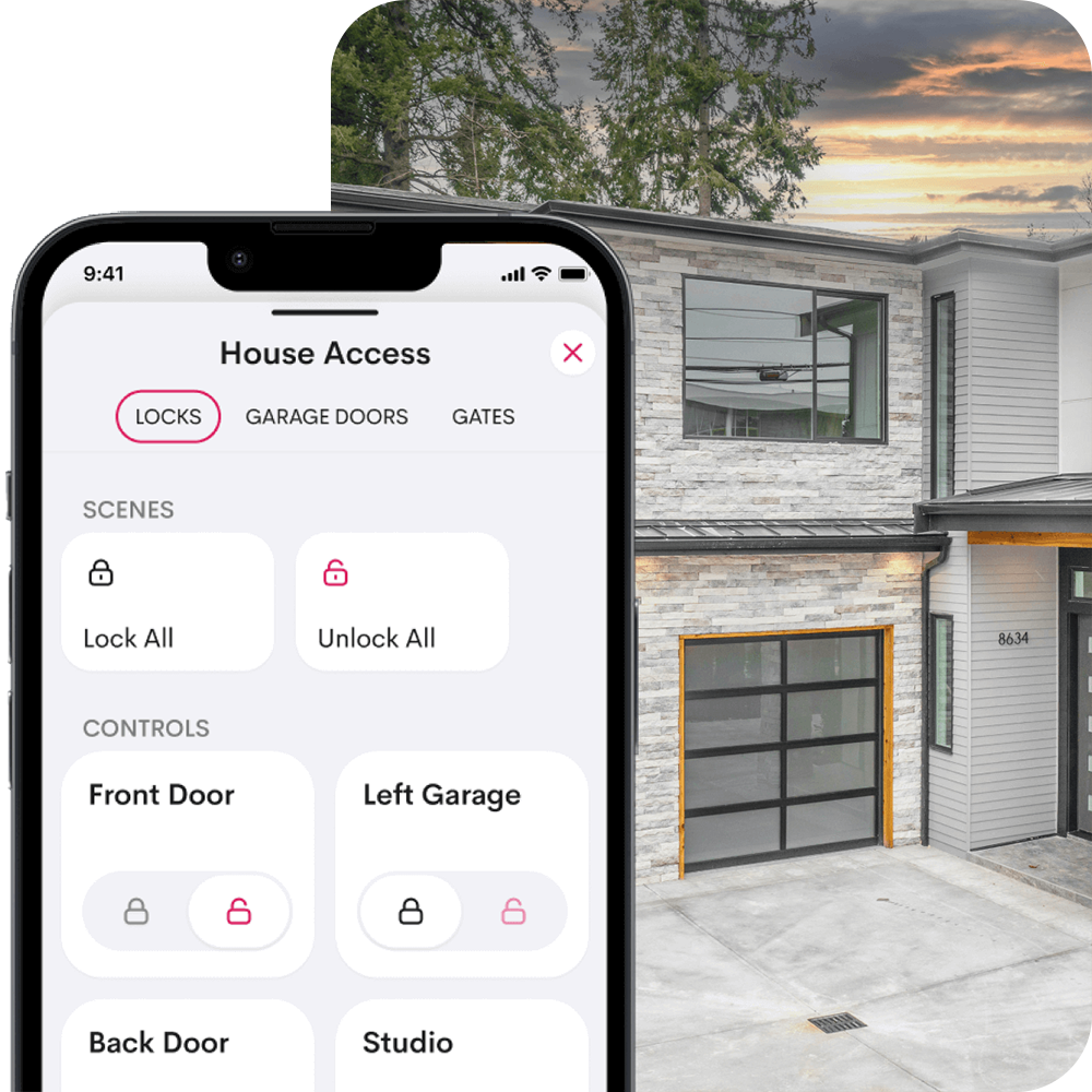 Smartphone showing home access security controls with a modern house in the background