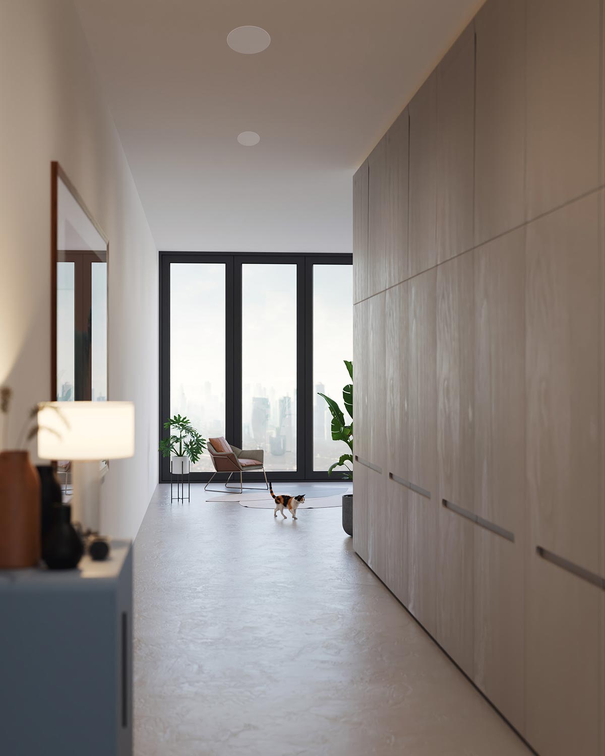 Modern hallway with wooden storage cabinets and a small cat walking near a window