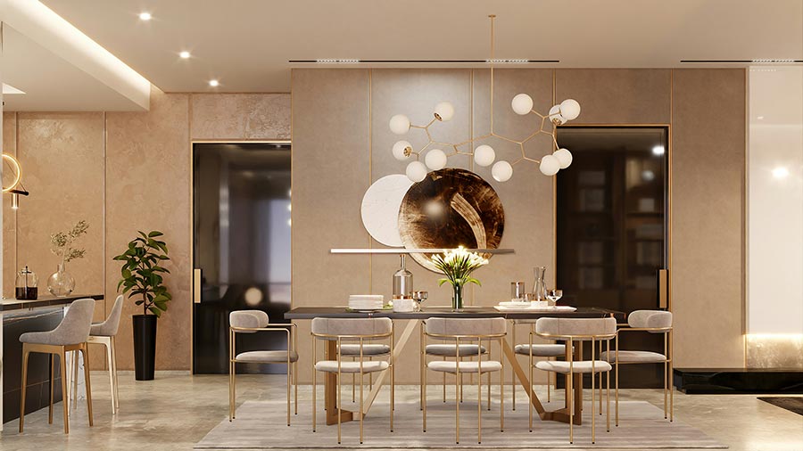 modern dining room with marble table soft chairs and a sculptural light fixture