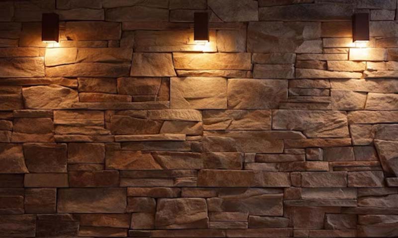 lights highlighting the stone facade behind them