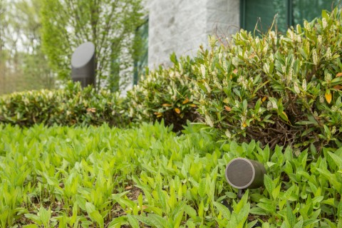 Two Coastal Source outdoor speakers in a lawn. 