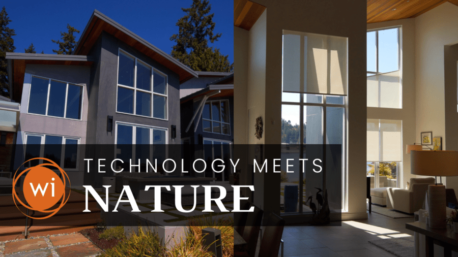 Modern waterfront home with large windows and sleek architecture, featuring automated shades inside. The text overlay reads "Technology Meets Nature" with the Wipliance logo.