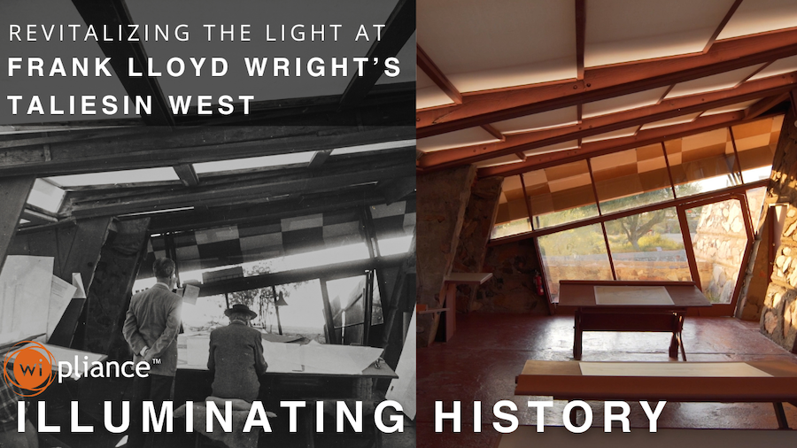 Contrasting black and white and color shots of the interior at Frank Lloyd Wright’s historic Taliesin West home.