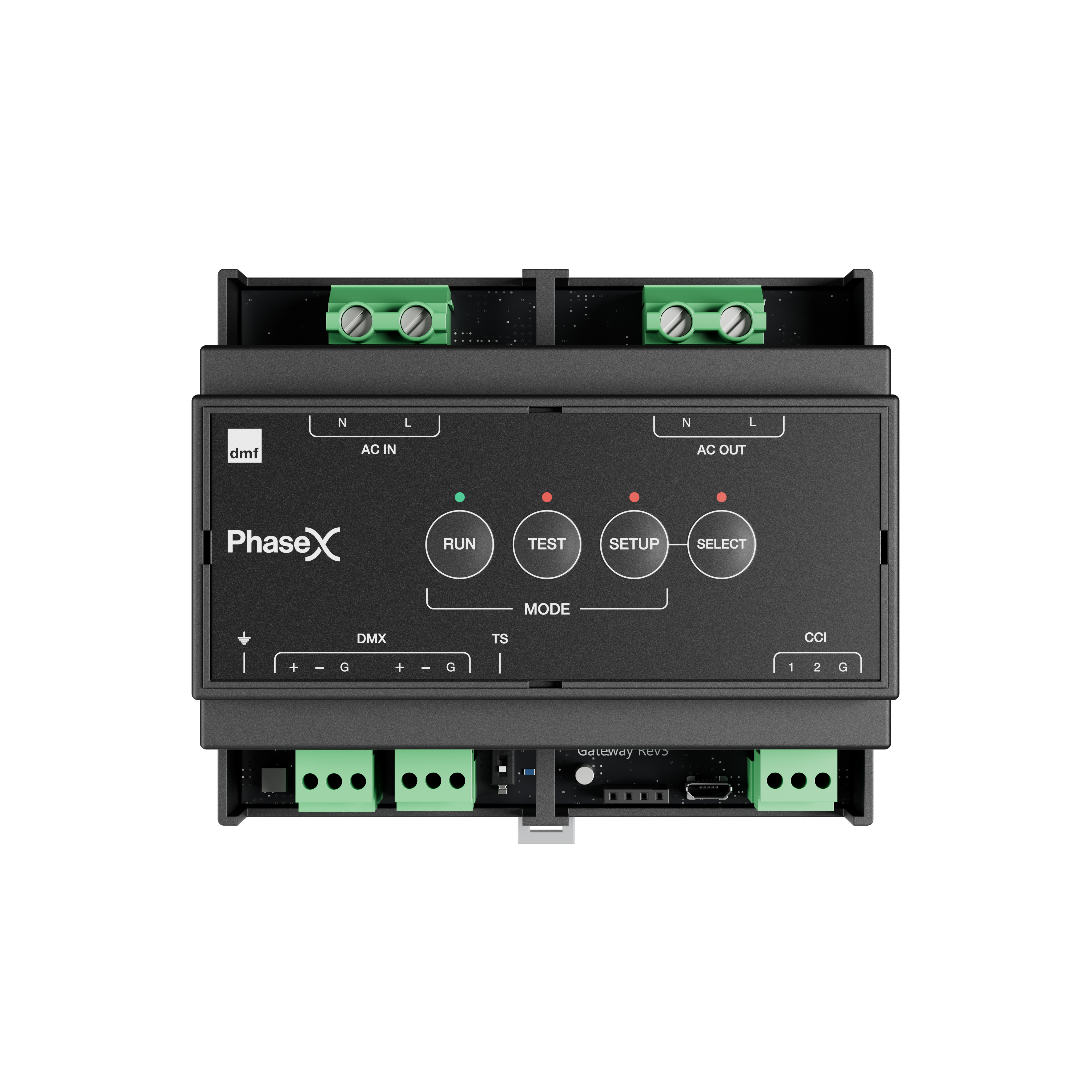 A close-up of the PhaseX DMX lighting control gateway with various connection ports and buttons.