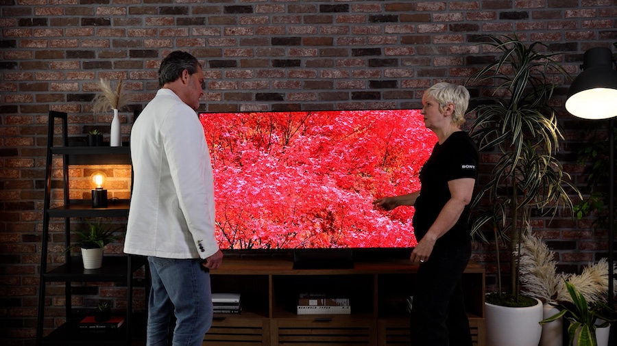 Kathleen Thomas from Sony and Lee Travis from Wipliance standing in front of the Sony BRAVIA 9 II RGB LED TV.