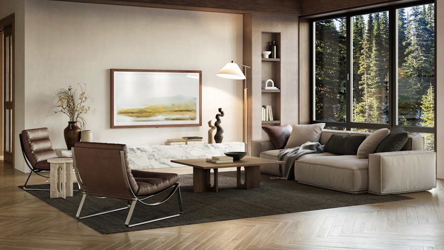 Walnut Leon Studio Frame TV displaying landscape art above a marble console table in a modern living room with forest views.