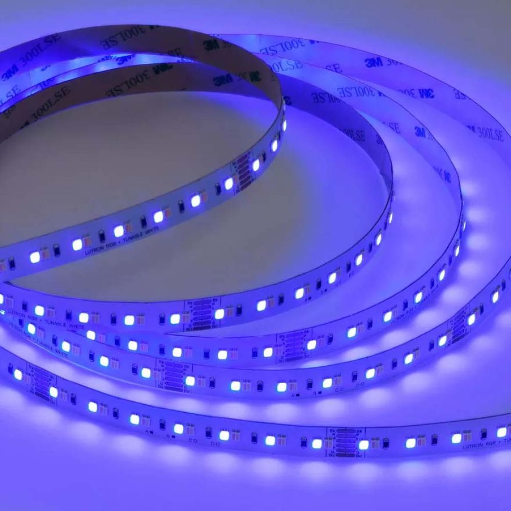 Blue LED light strip coiled on white surface