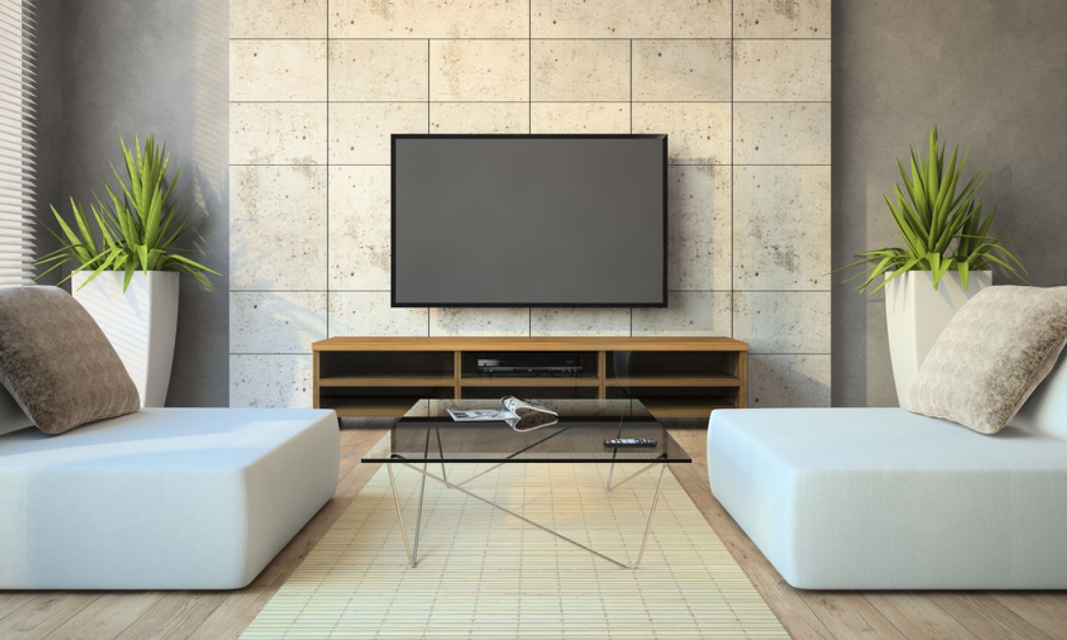 Minimalist living room with a wall-mounted TV above a low media console between two white sofas