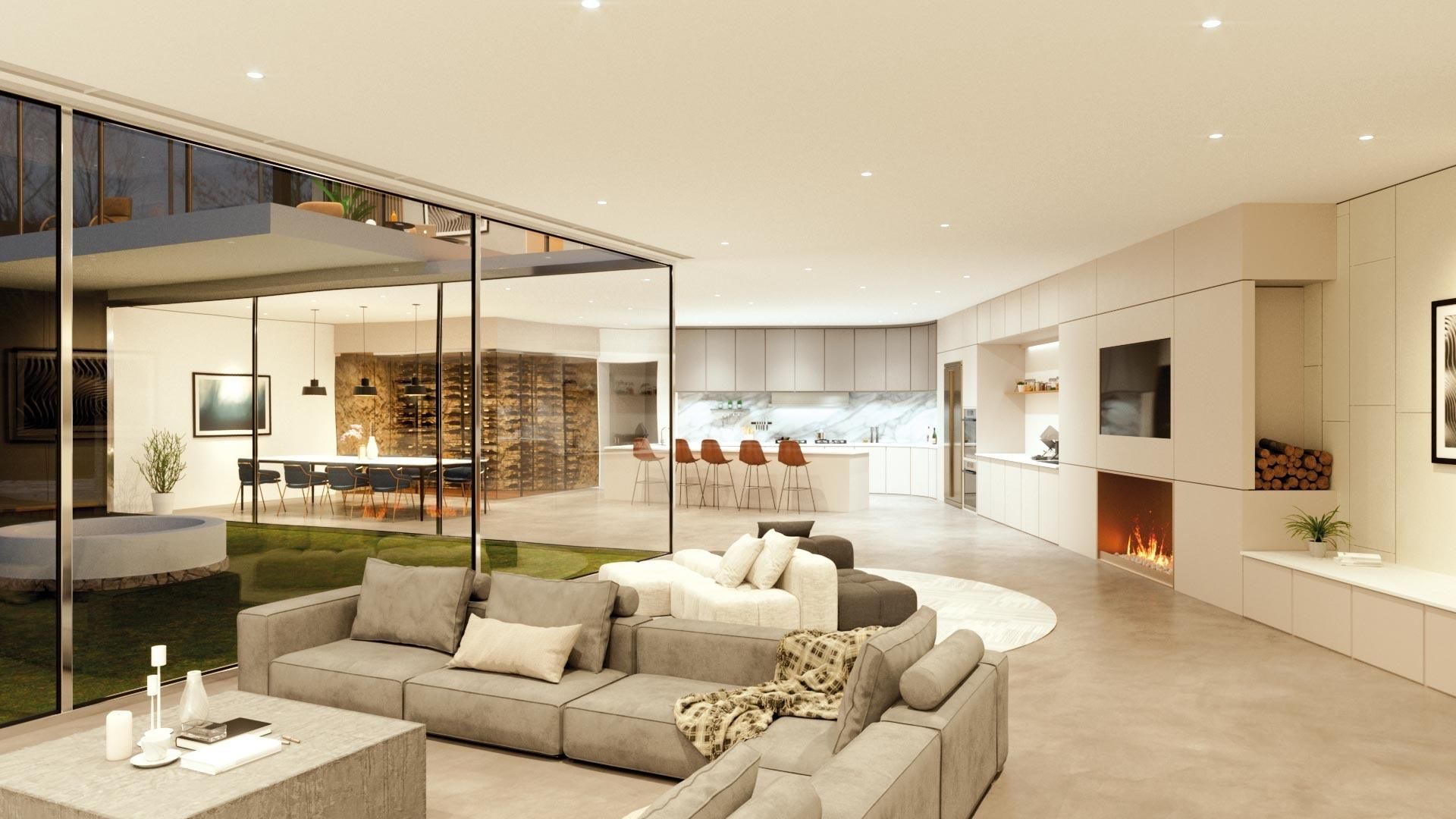 Modern open-concept living room with DMF Lighting’s warm dim technology, creating a cozy and inviting atmosphere.