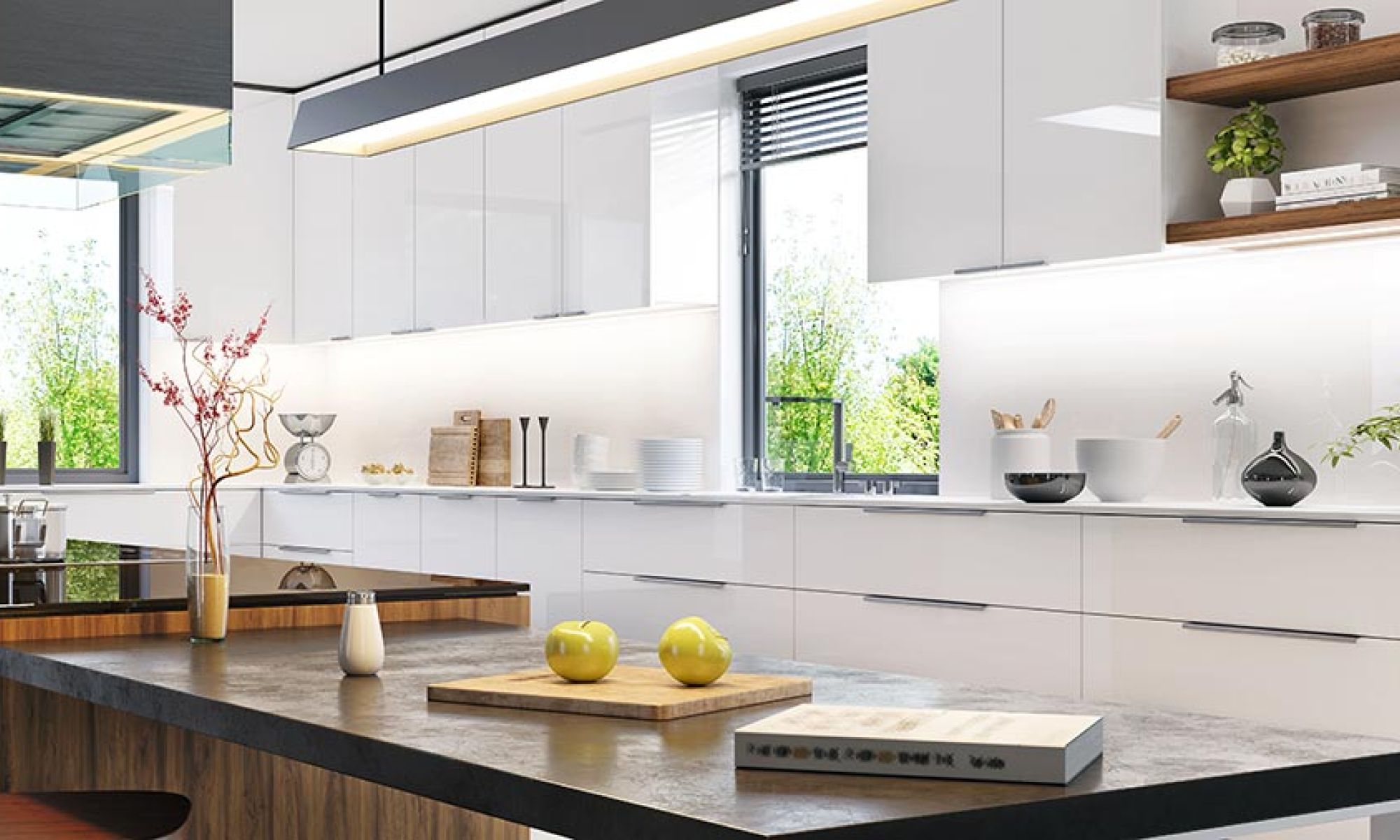 Modern kitchen with white cabinets, large island, and natural light through window