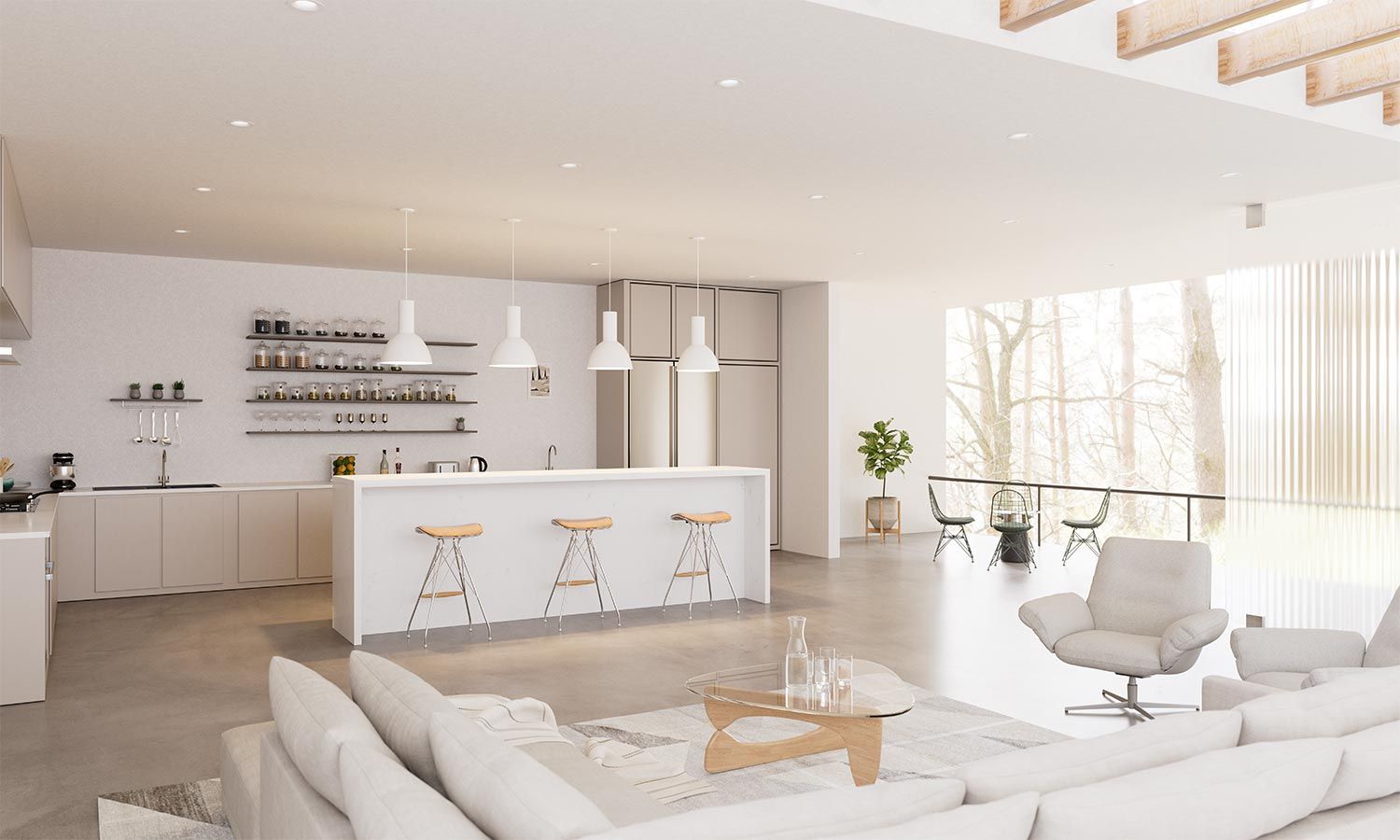 A bright, open-concept kitchen and living space with neutral tones, minimalist decor, and natural light.