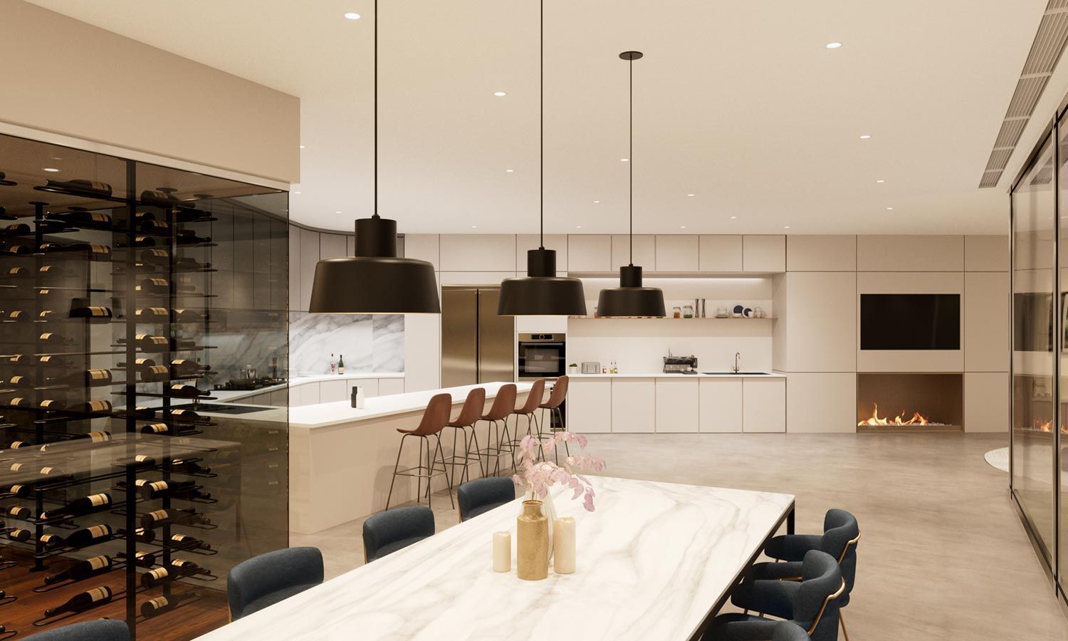 A modern kitchen and dining area featuring a large marble table, sleek black pendant lights, and a wine wall.